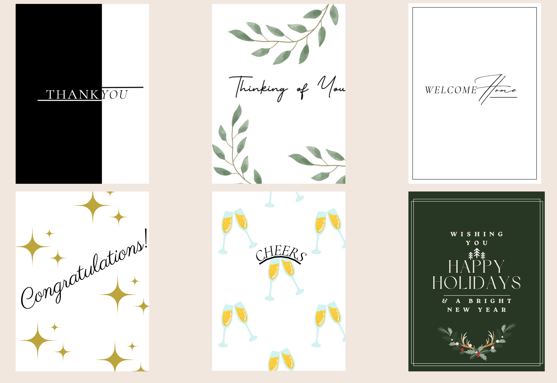 Greeting card assortment for gift box customization including Congratulations, Thank You, Happy Holidays, and other occasion cards.