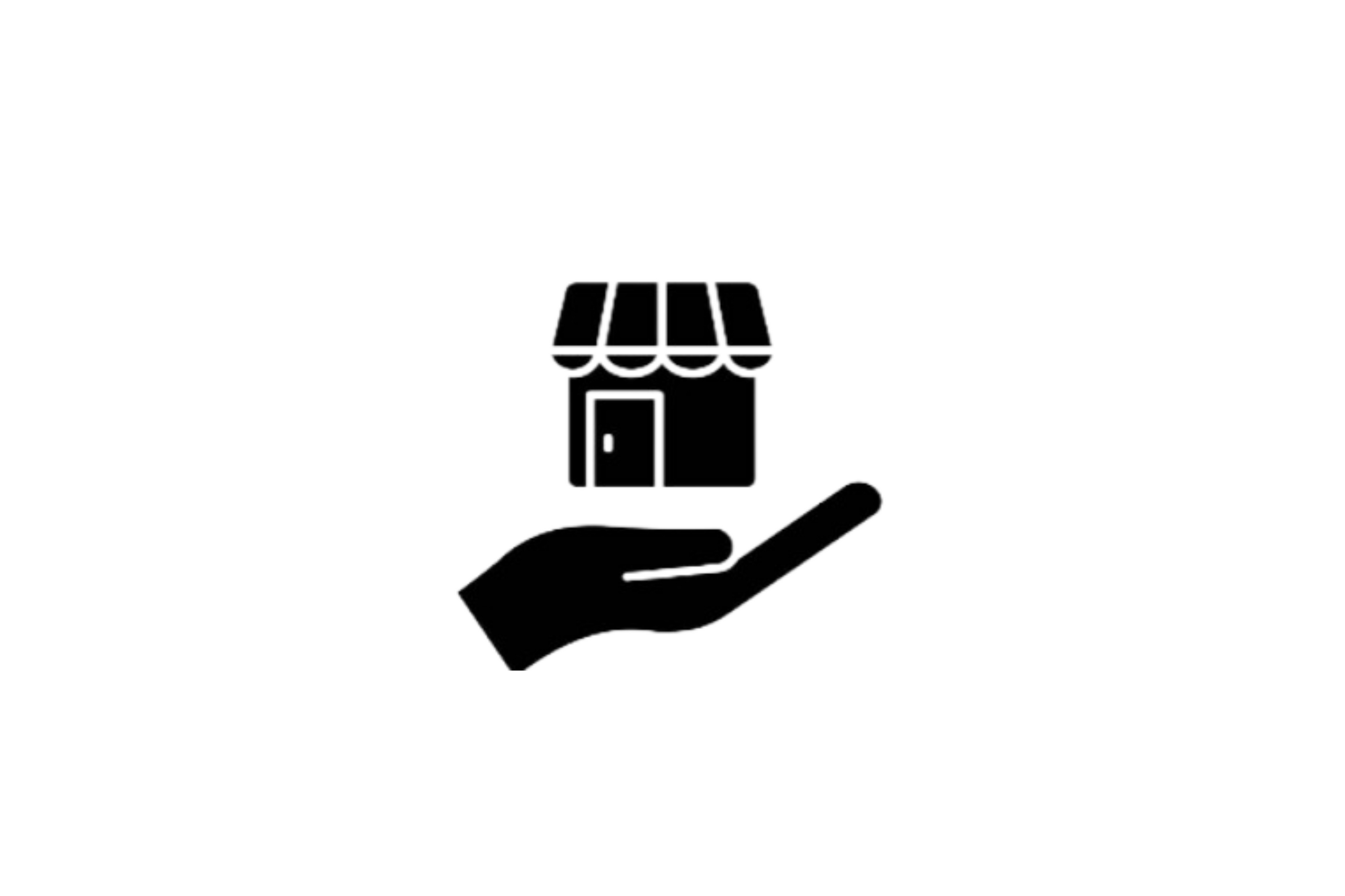 A hand holding a small shop icon, symbolizing support for local businesses or entrepreneurship.