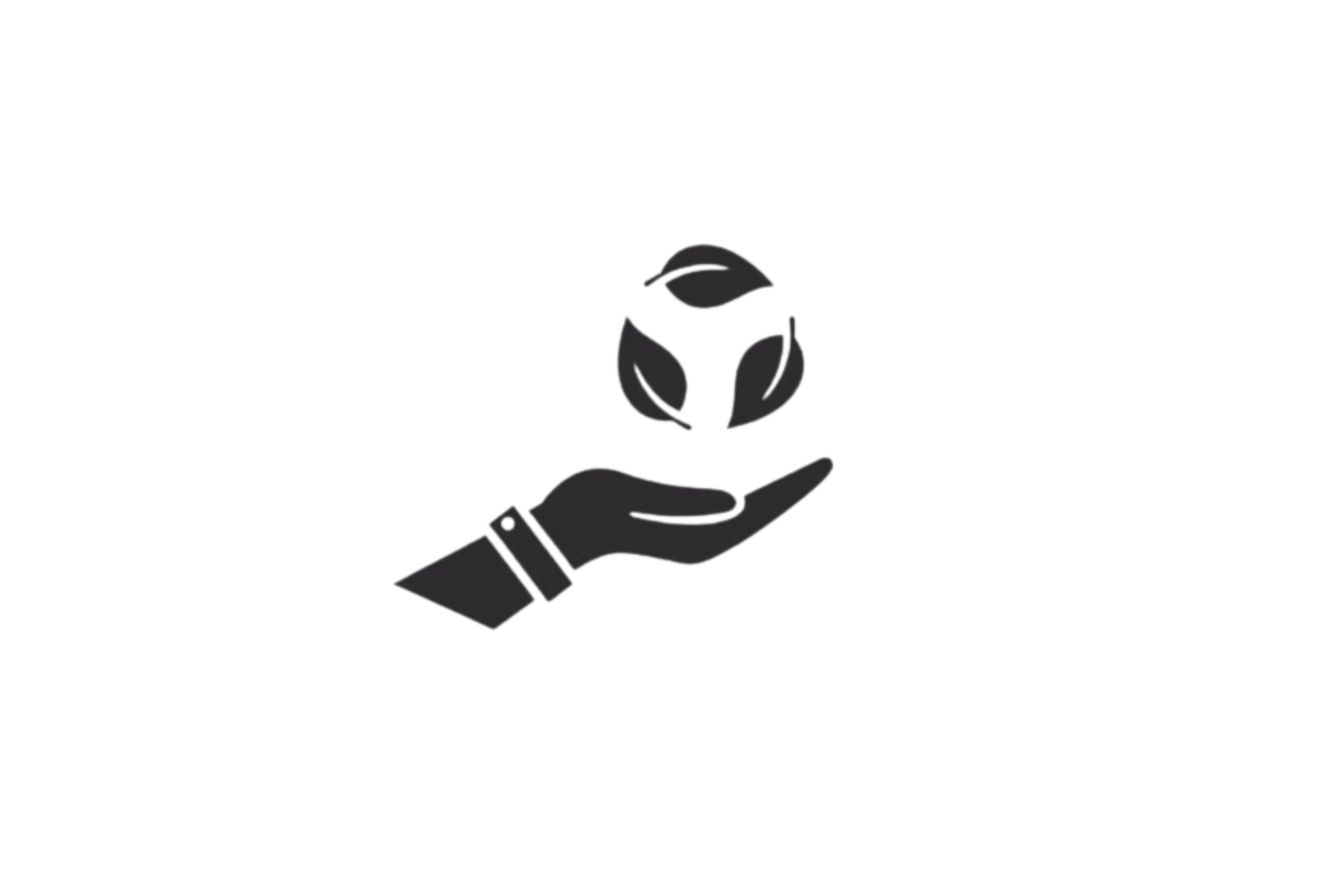 A stylized black hand holding a spherical shape with three leaves, symbolizing care for the environment and sustainability.