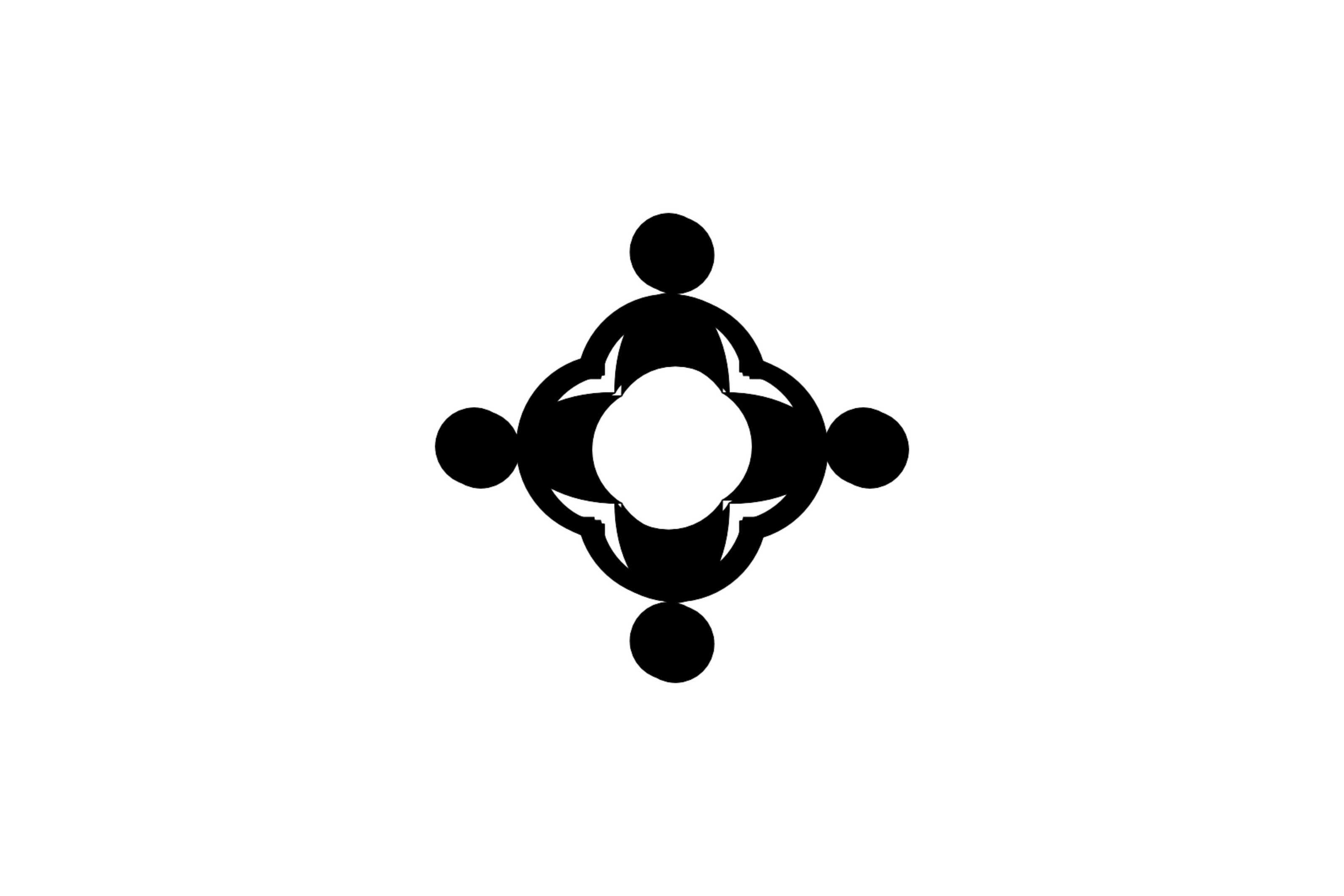 A symmetrical black and white design featuring four curved elements surrounding a central circular shape, resembling a flower or star.